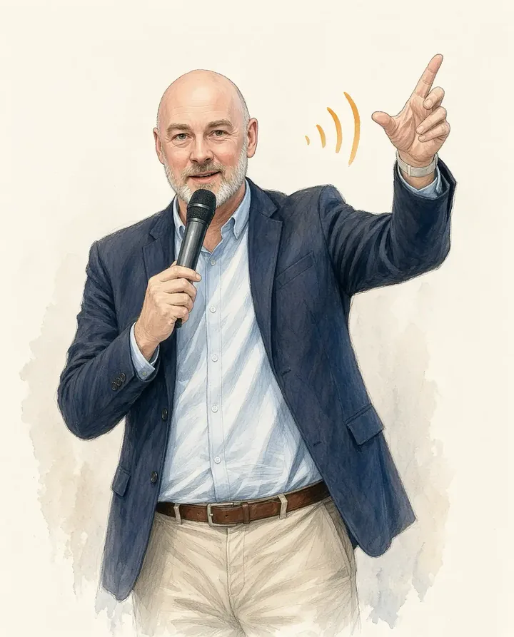 Pencil and watercolour drawing of Richard Brooks speaking, microphone in one hand, the other raised mid-point